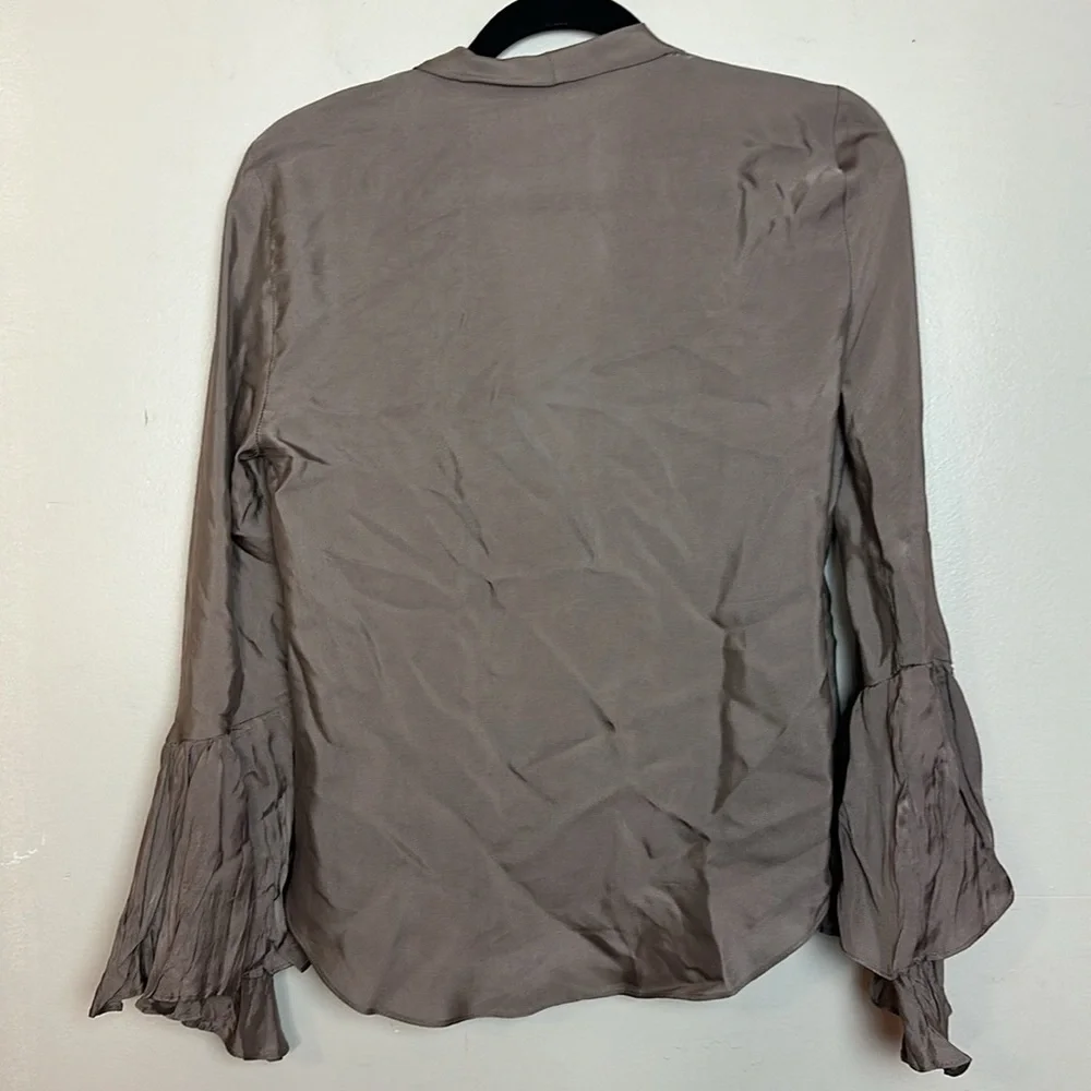 Zara Wrap Surplice Ruffle Sleeve Satin Look Taupe Grey Blouse - Picture 9 of 9
